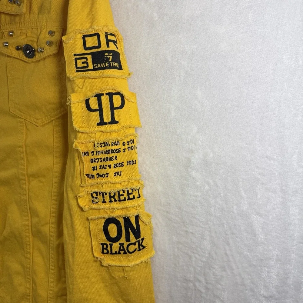 Yellow Graphic Denim Trucker Jacket Studded Streetwear School Ruined My Uff Mens